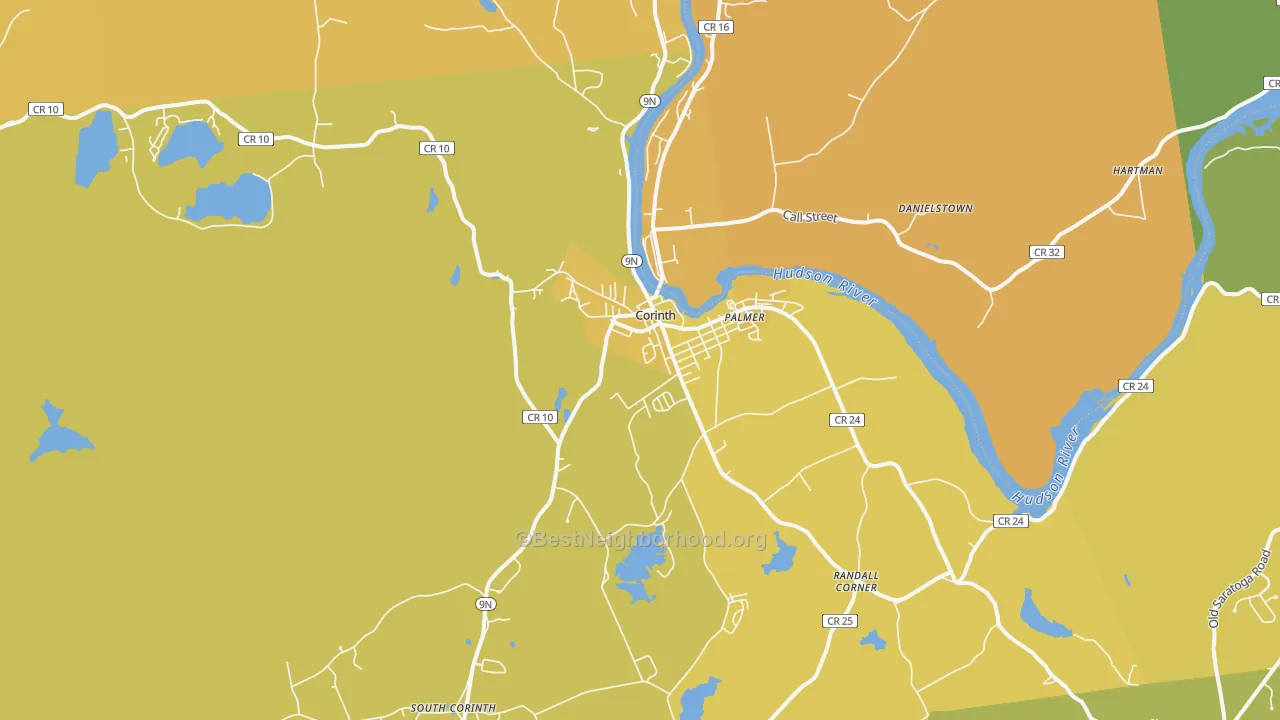 Map of the best neighborhoods in the 12822 area, with better matches in green and worse matches in red