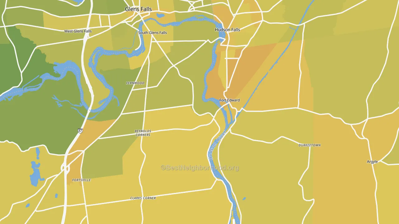Map of the best neighborhoods in the 12828 area, with better matches in green and worse matches in red