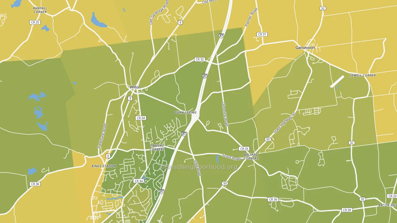 Map of the best neighborhoods in the 12831 area, with better matches in green and worse matches in red
