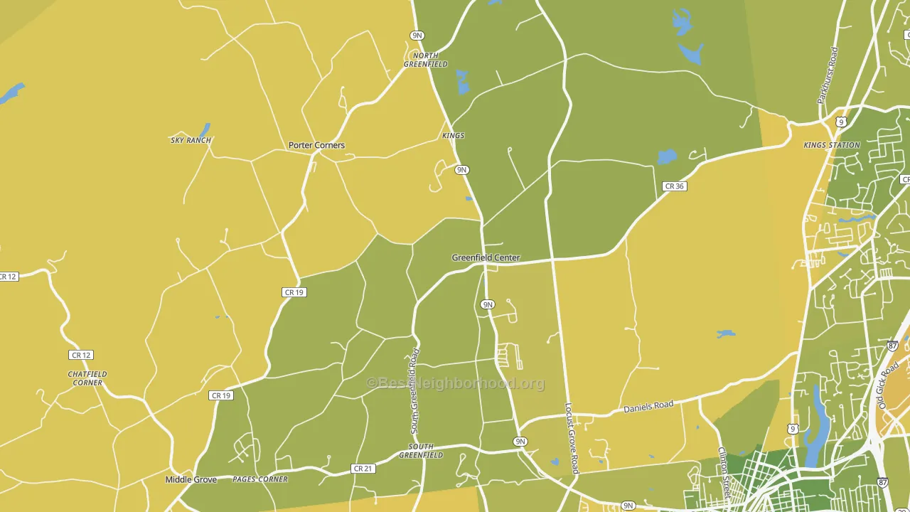 Map of the best neighborhoods in the 12833 area, with better matches in green and worse matches in red