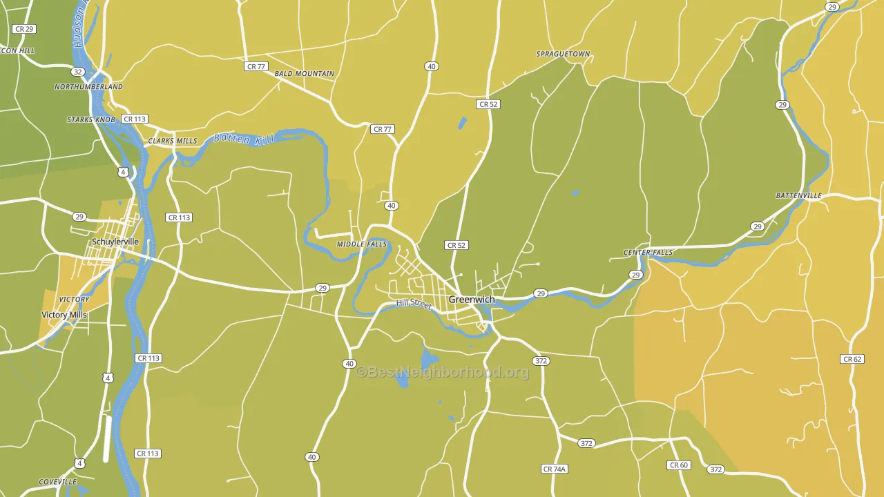 Map of the best neighborhoods in the 12834 area, with better matches in green and worse matches in red