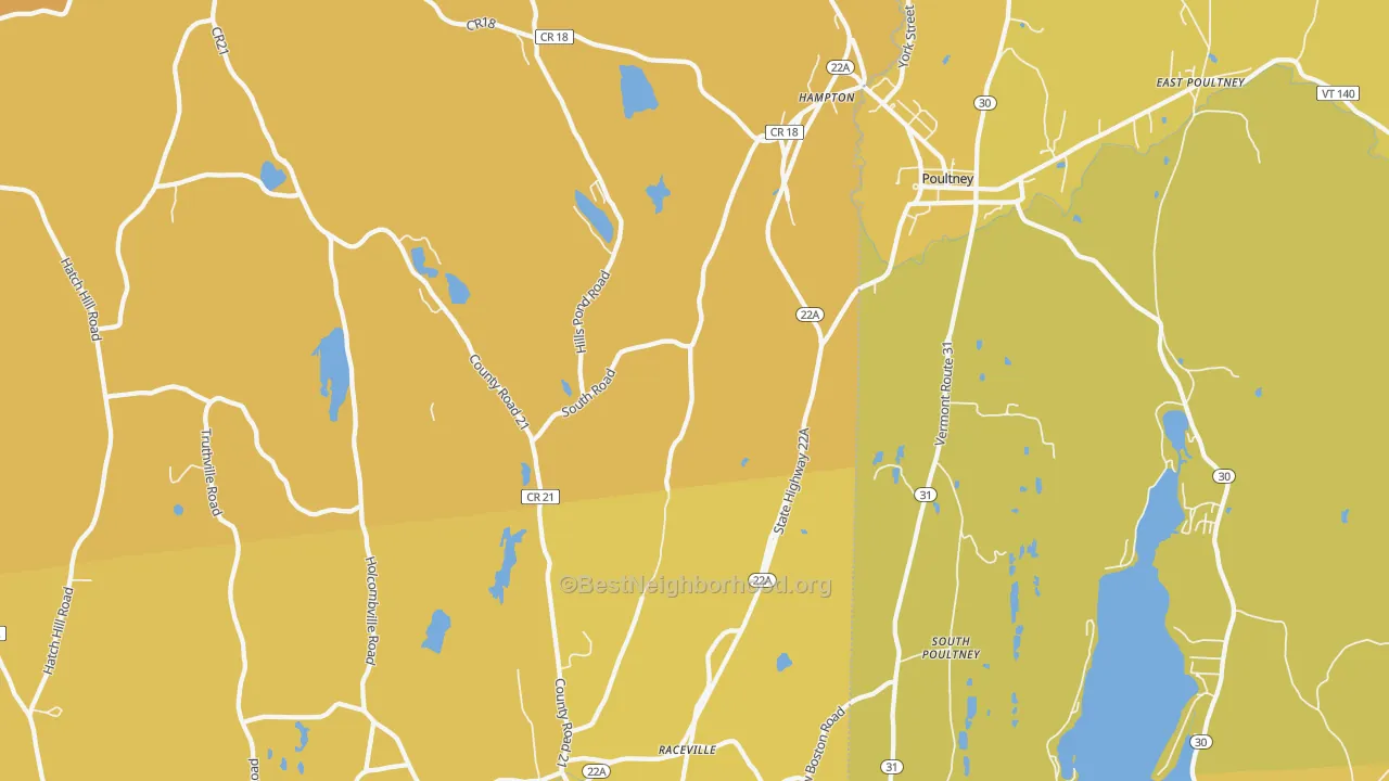 Map of the best neighborhoods in the 12837 area, with better matches in green and worse matches in red