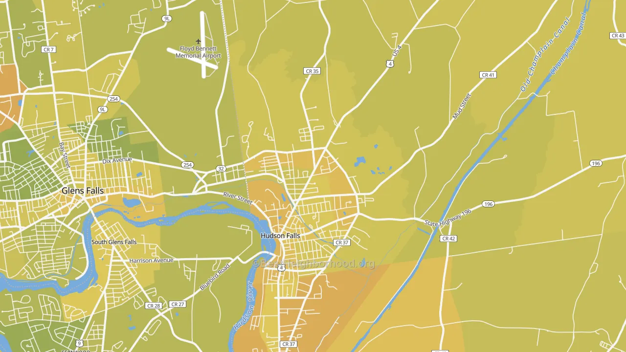 Map of the best neighborhoods in the 12839 area, with better matches in green and worse matches in red