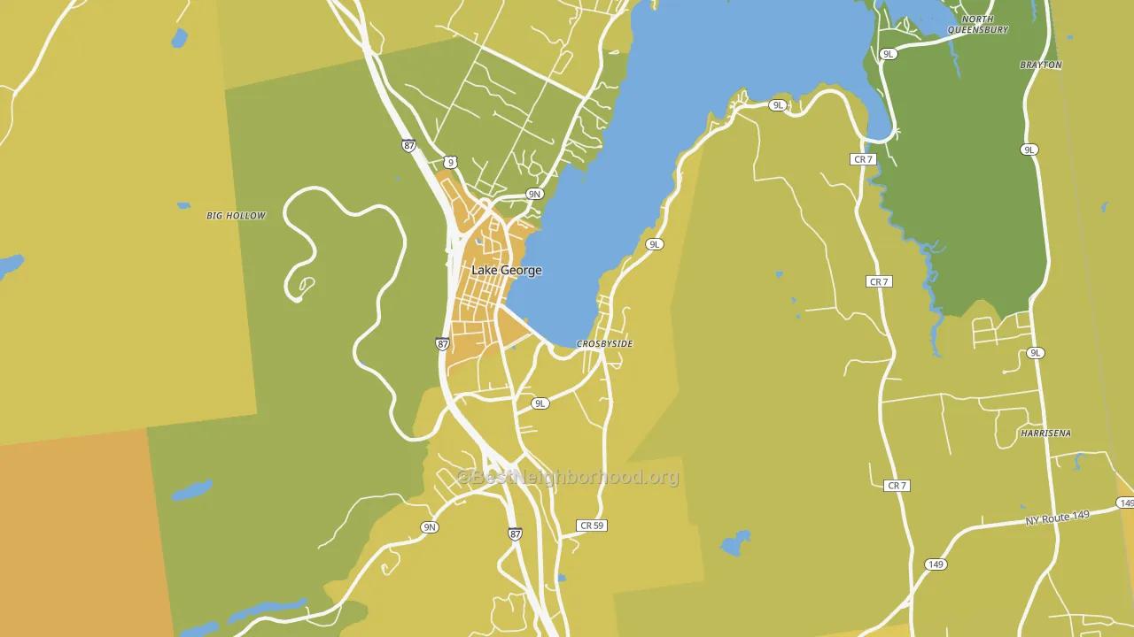 Map of the best neighborhoods in the 12845 area, with better matches in green and worse matches in red