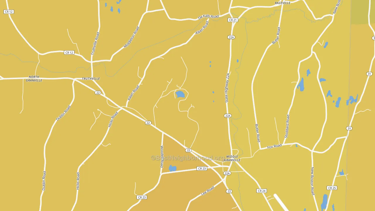 Map of the best neighborhoods in the 12849 area, with better matches in green and worse matches in red