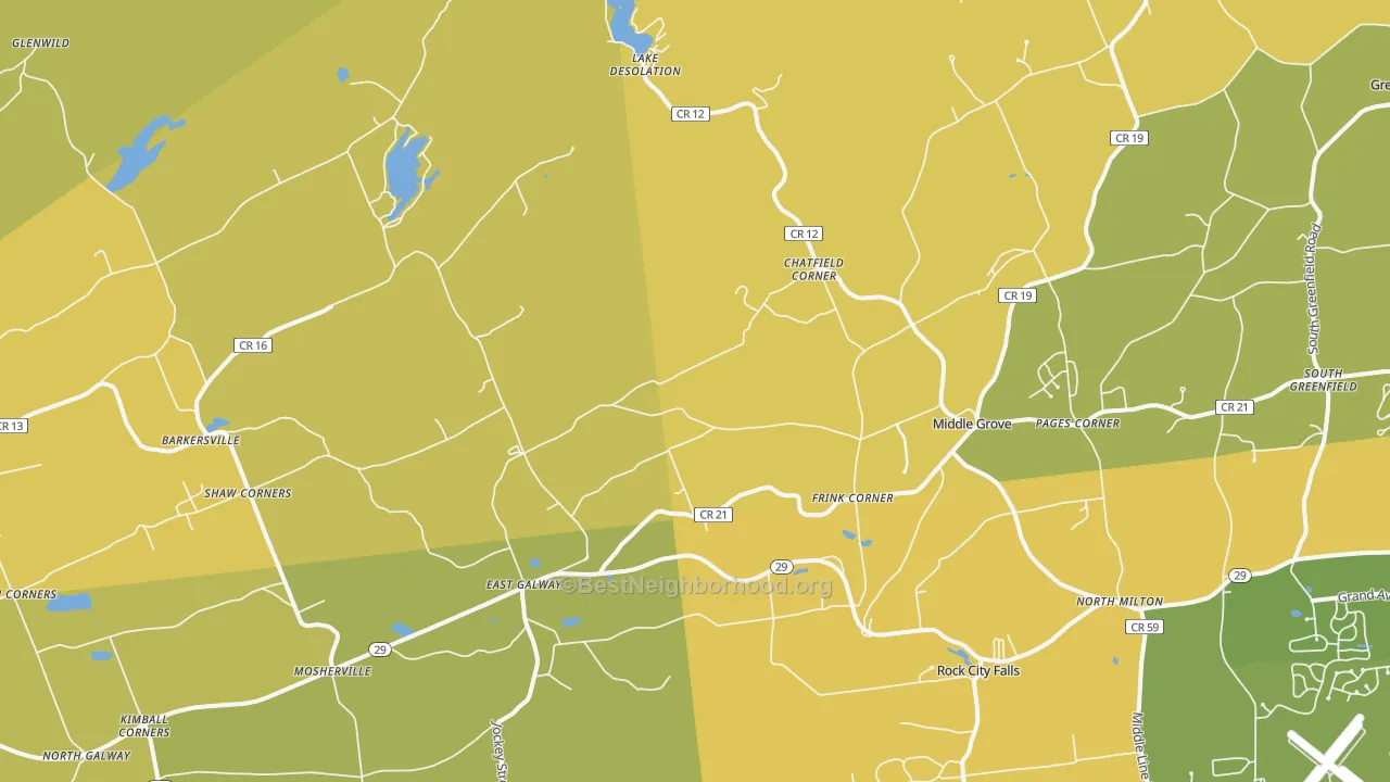 Map of the best neighborhoods in the 12850 area, with better matches in green and worse matches in red
