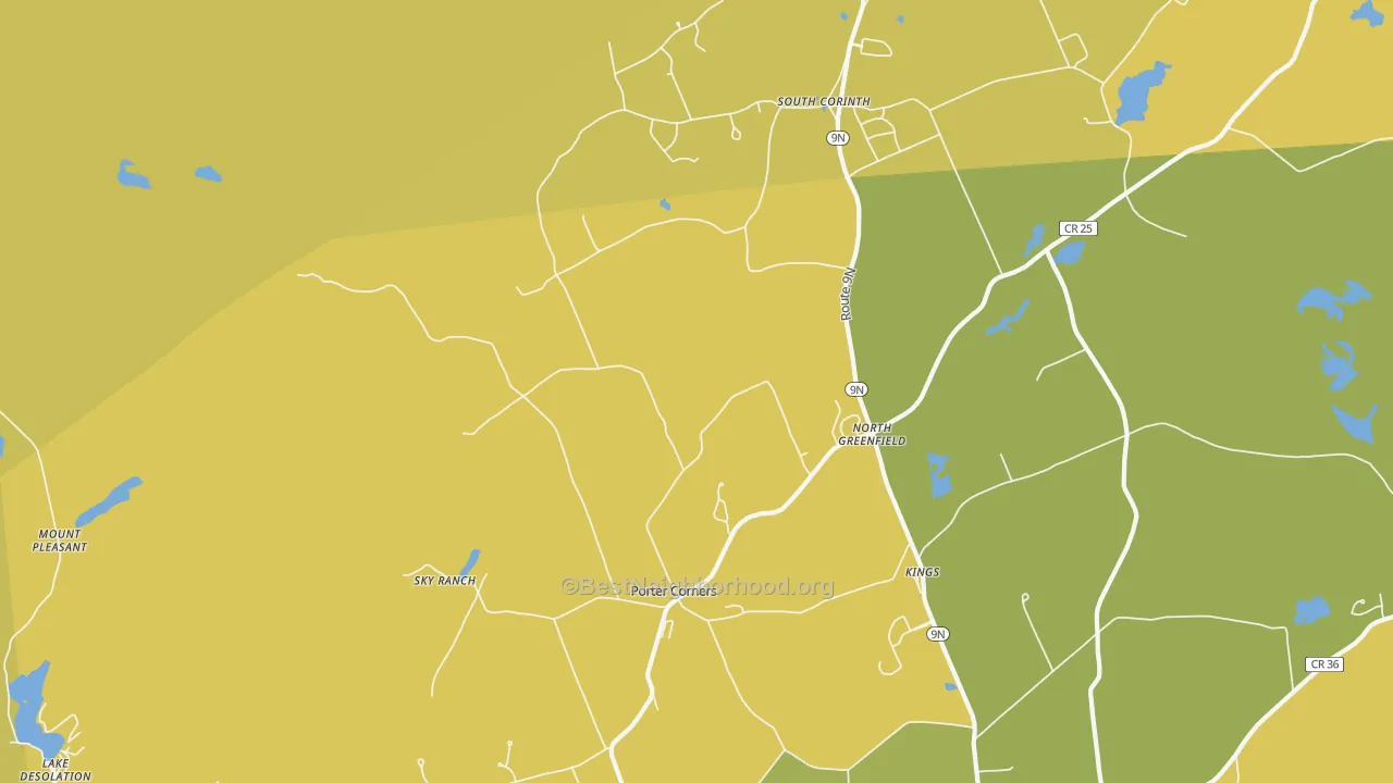 Map of the best neighborhoods in the 12859 area, with better matches in green and worse matches in red