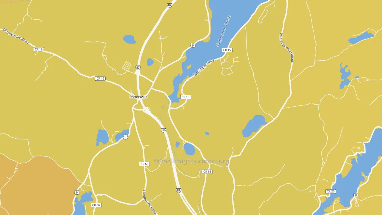 Map of the best neighborhoods in the 12860 area, with better matches in green and worse matches in red