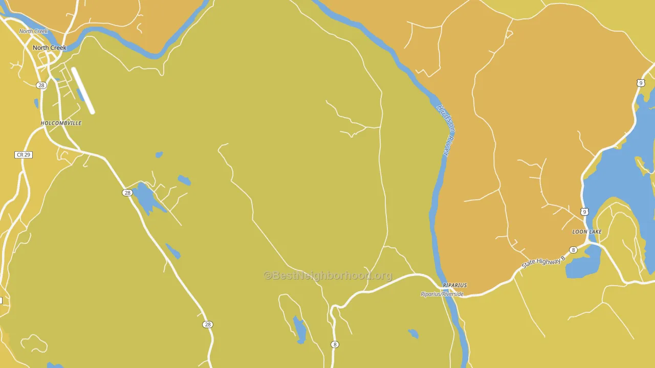 Map of the best neighborhoods in the 12862 area, with better matches in green and worse matches in red