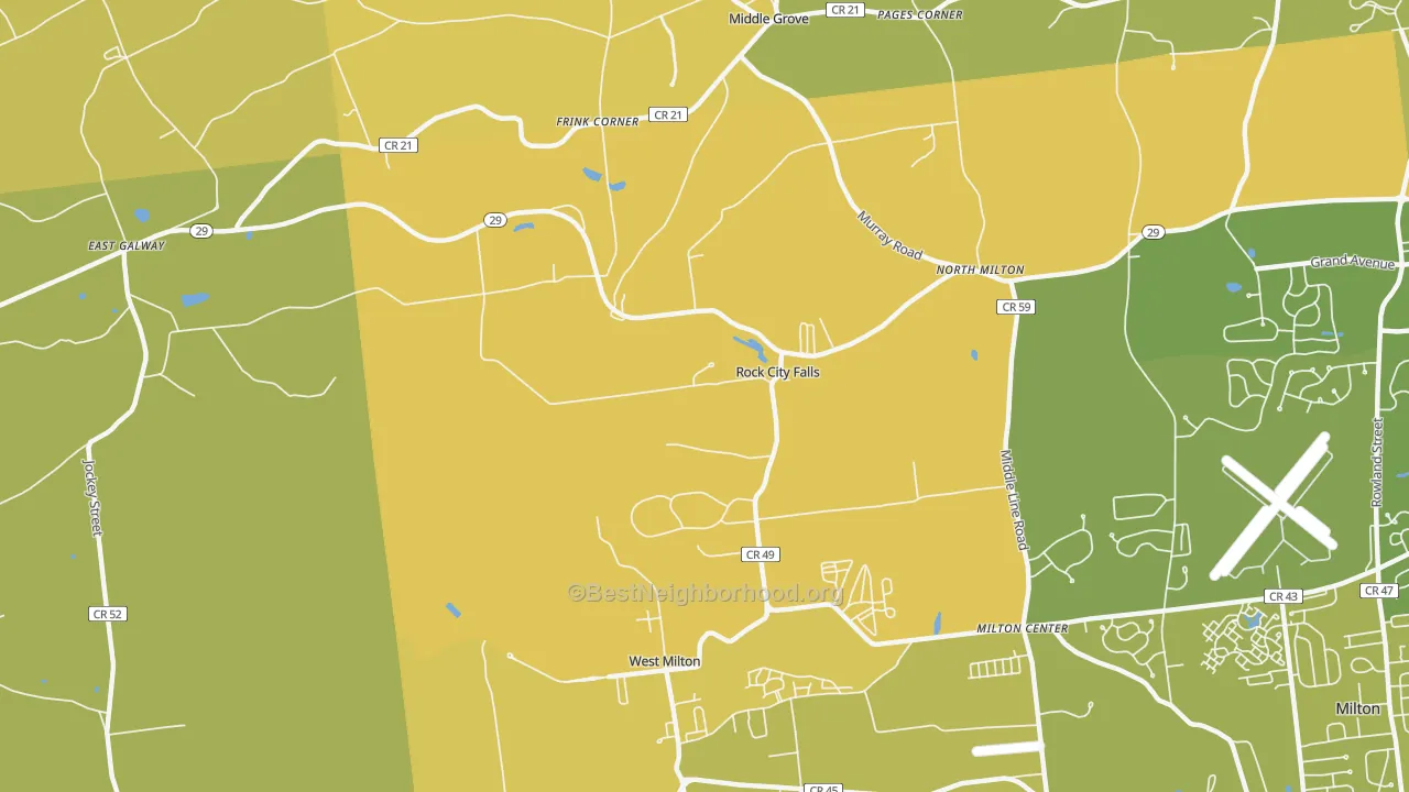 Map of the best neighborhoods in the 12863 area, with better matches in green and worse matches in red