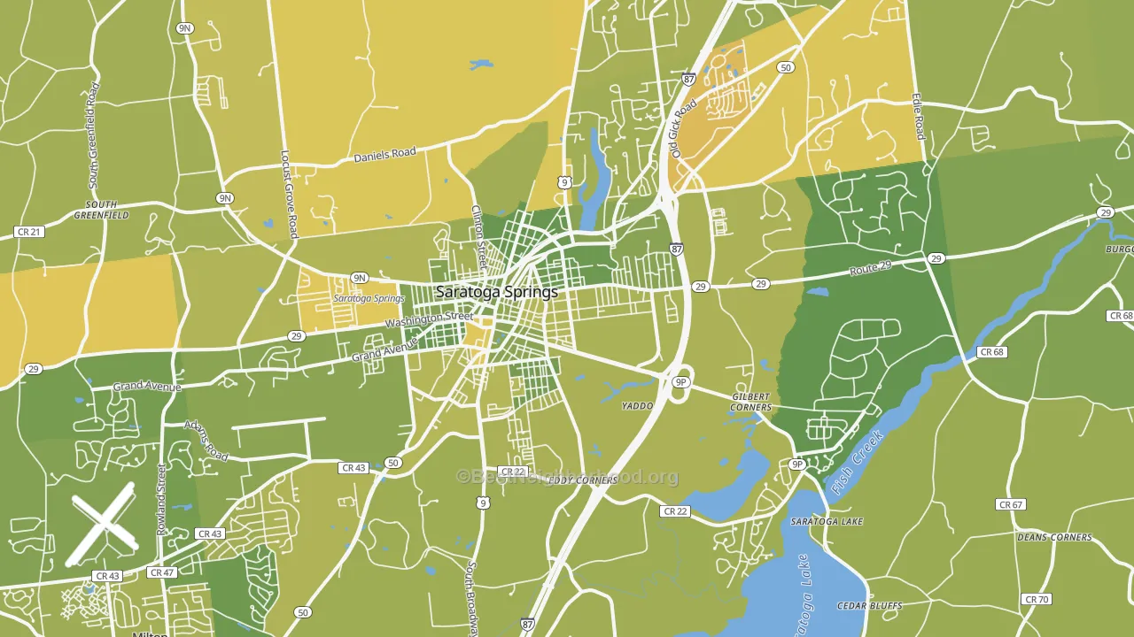 Map of the best neighborhoods in the 12866 area, with better matches in green and worse matches in red
