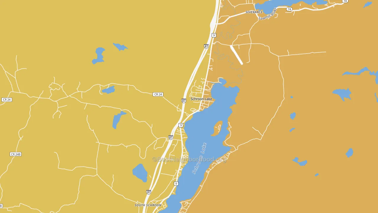 Map of the best neighborhoods in the 12870 area, with better matches in green and worse matches in red