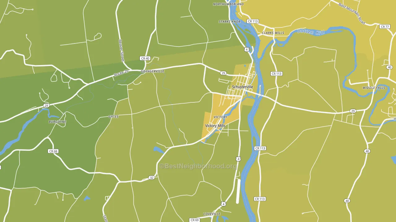 Map of the best neighborhoods in the 12871 area, with better matches in green and worse matches in red