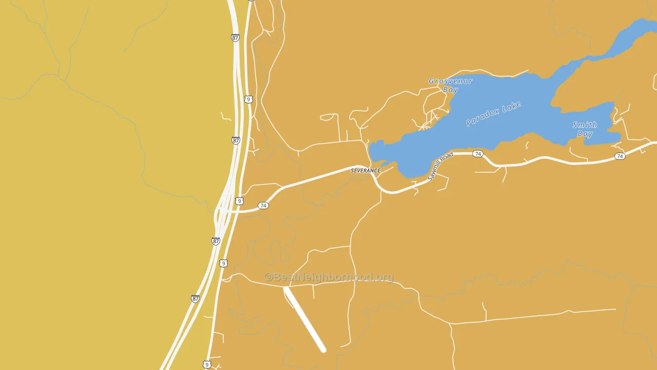 Map of the best neighborhoods in the 12872 area, with better matches in green and worse matches in red