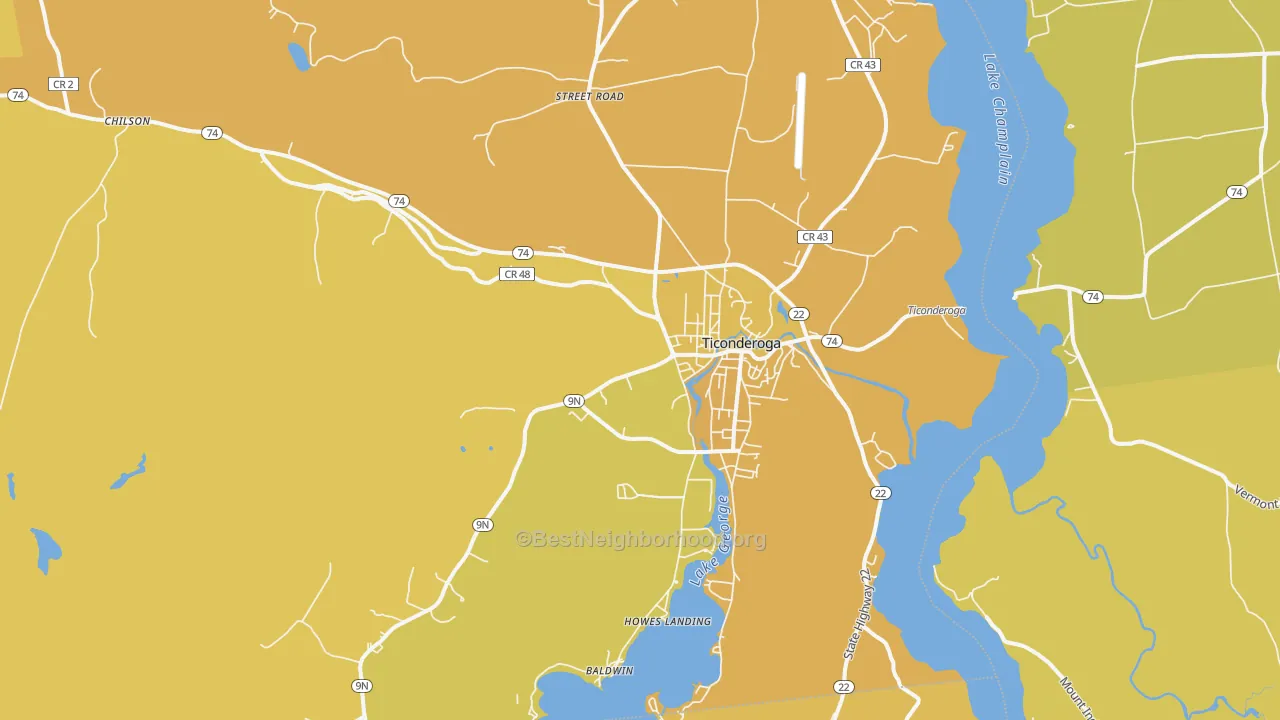Map of the best neighborhoods in the 12883 area, with better matches in green and worse matches in red
