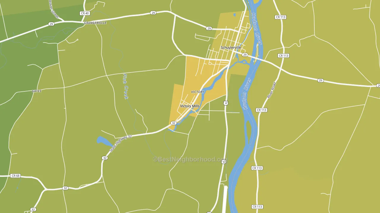 Map of the best neighborhoods in the 12884 area, with better matches in green and worse matches in red