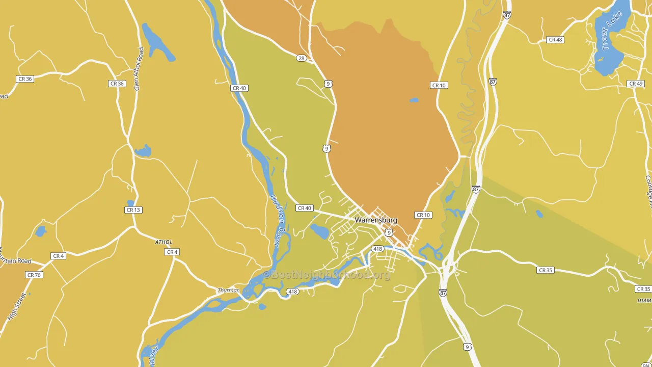 Map of the best neighborhoods in the 12885 area, with better matches in green and worse matches in red