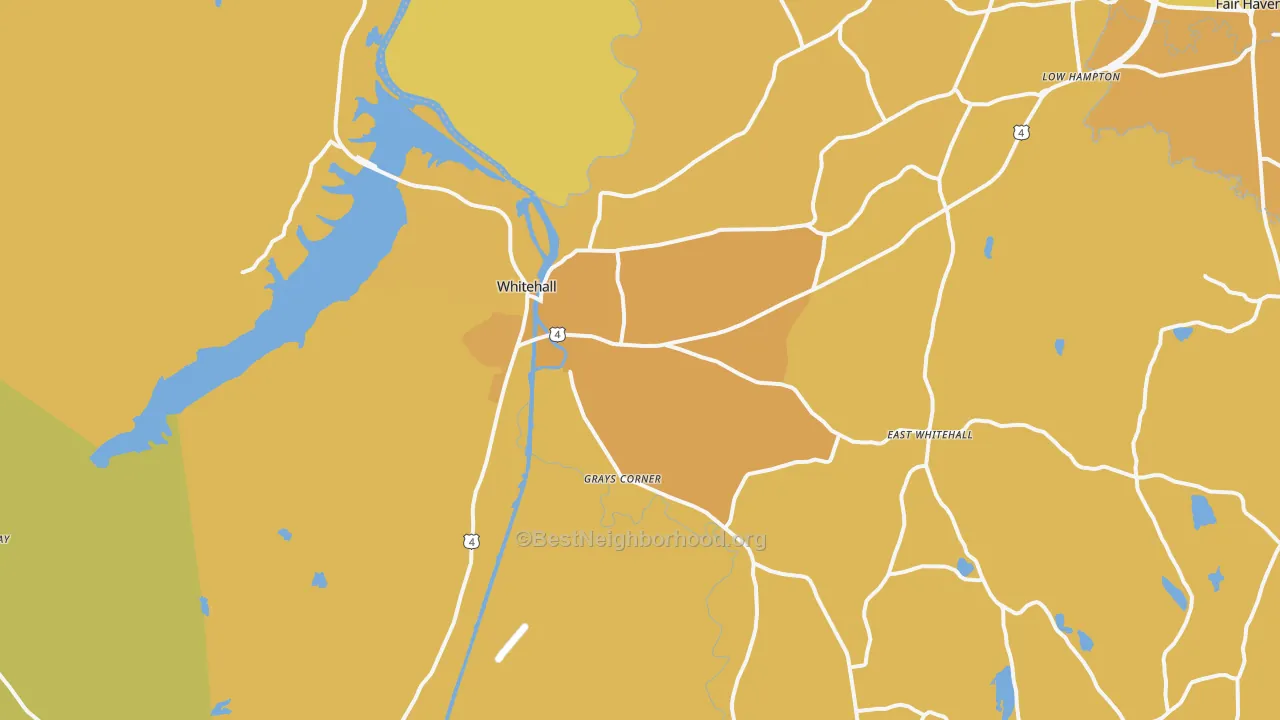 Map of the best neighborhoods in the 12887 area, with better matches in green and worse matches in red