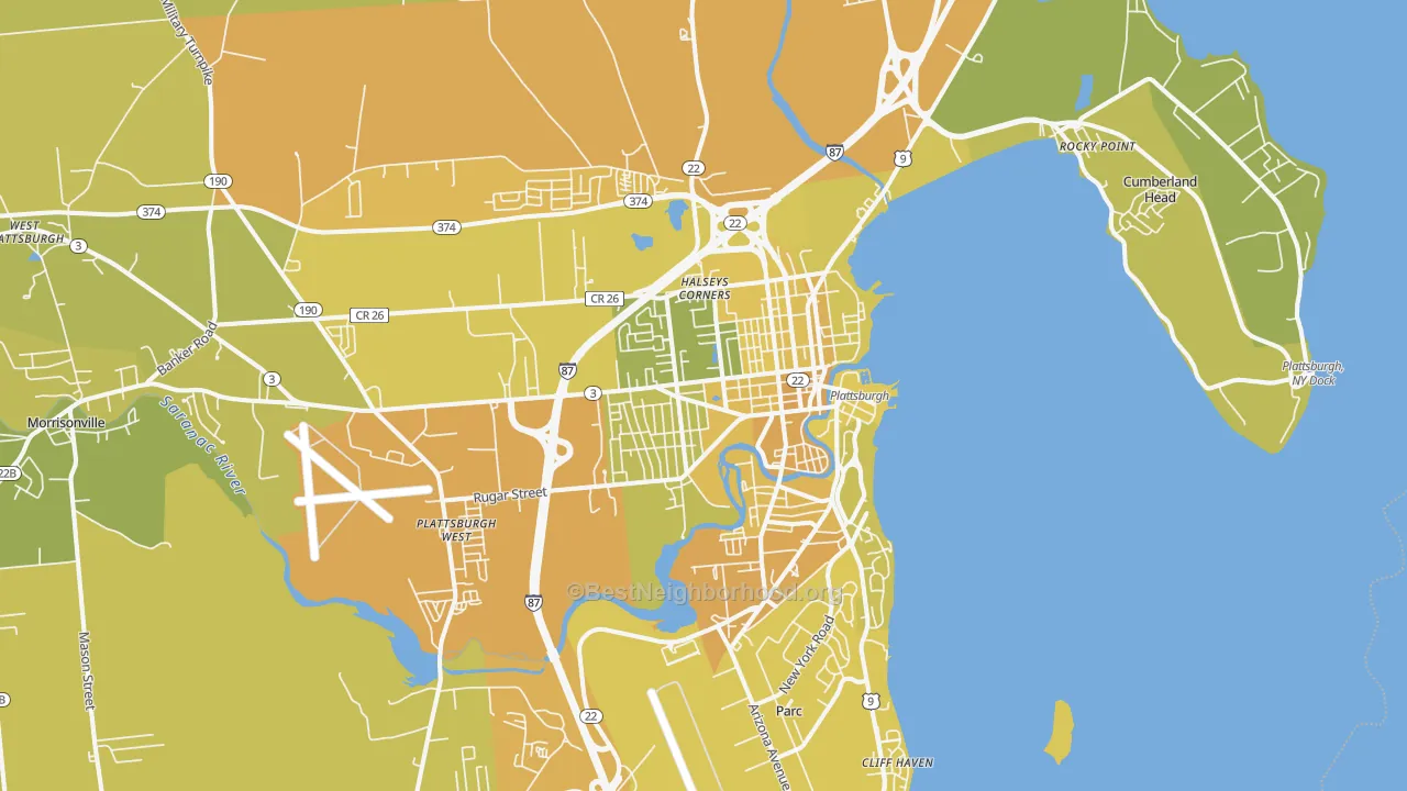 Map of the best neighborhoods in the 12901 area, with better matches in green and worse matches in red