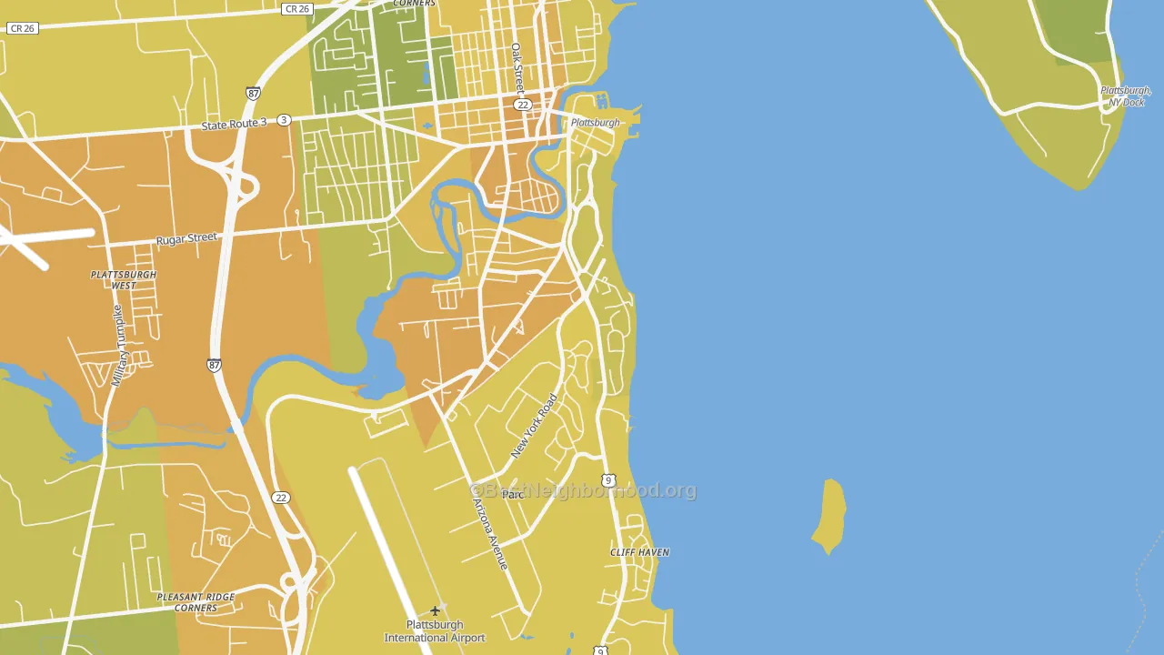 Map of the best neighborhoods in the 12903 area, with better matches in green and worse matches in red