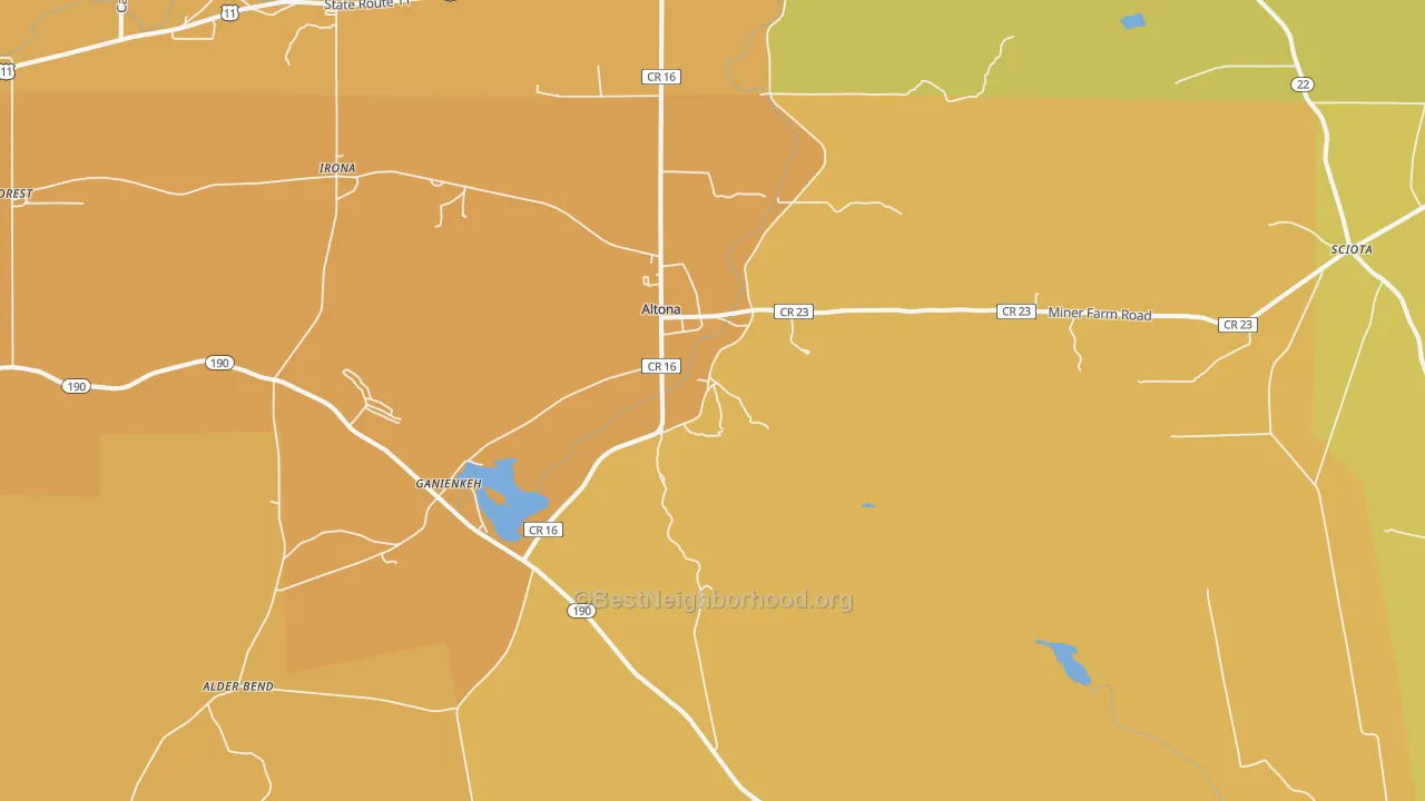 Map of the best neighborhoods in the 12910 area, with better matches in green and worse matches in red