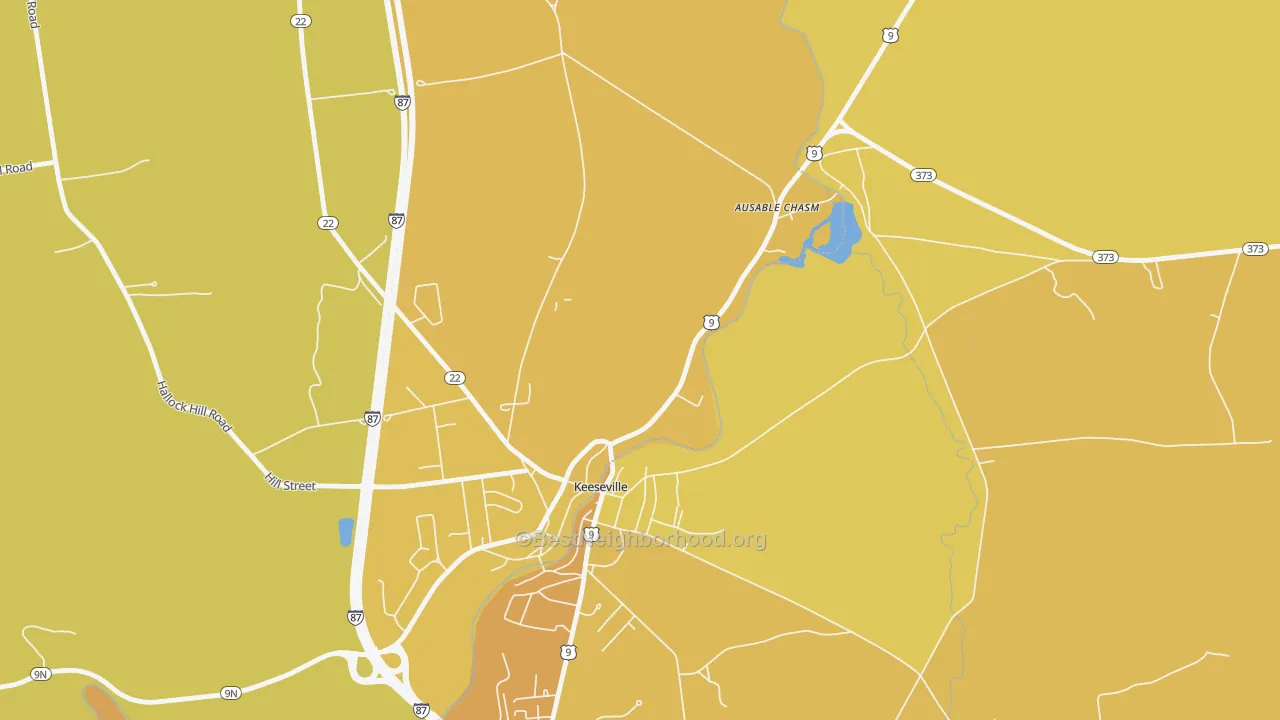 Map of the best neighborhoods in the 12911 area, with better matches in green and worse matches in red