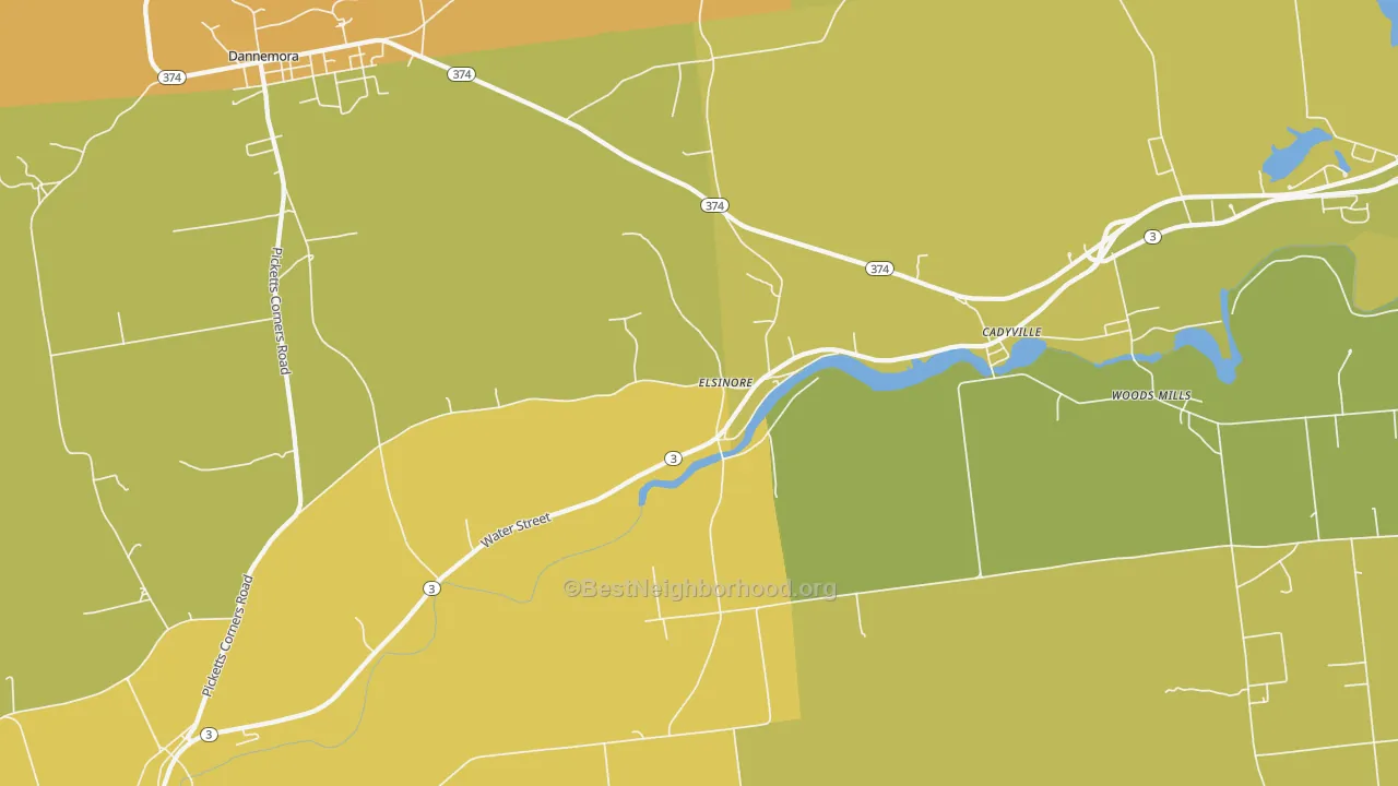 Map of the best neighborhoods in the 12918 area, with better matches in green and worse matches in red