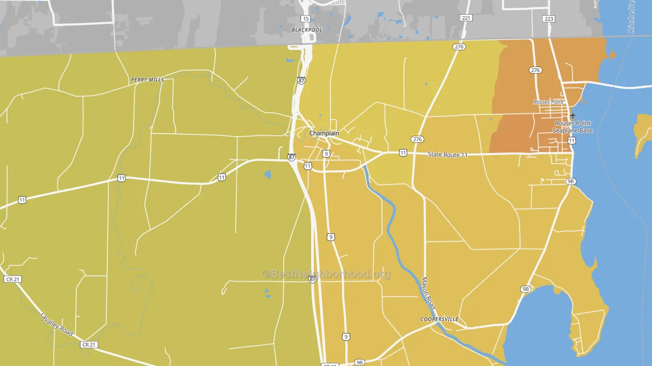 Map of the best neighborhoods in the 12919 area, with better matches in green and worse matches in red