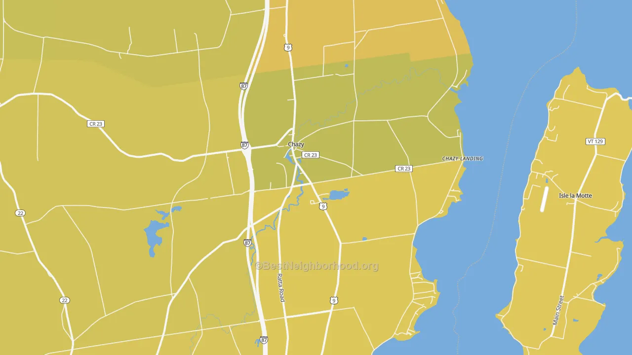 Map of the best neighborhoods in the 12921 area, with better matches in green and worse matches in red