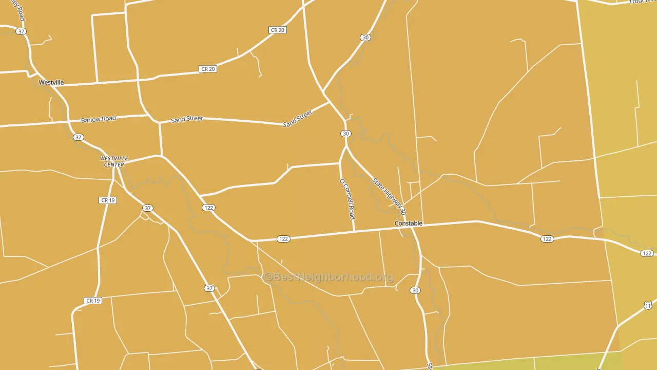 Map of the best neighborhoods in the 12926 area, with better matches in green and worse matches in red