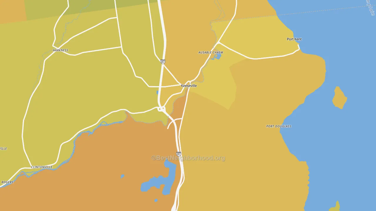 Map of the best neighborhoods in the 12944 area, with better matches in green and worse matches in red