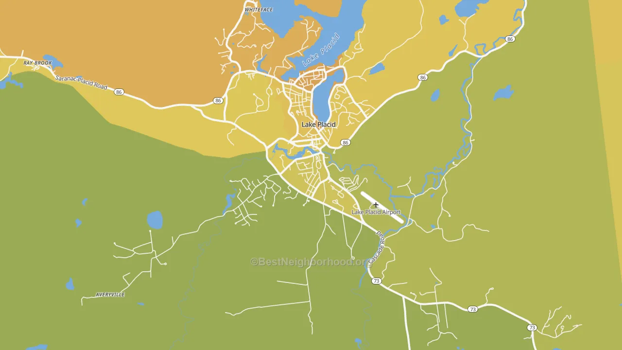 Map of the best neighborhoods in the 12946 area, with better matches in green and worse matches in red