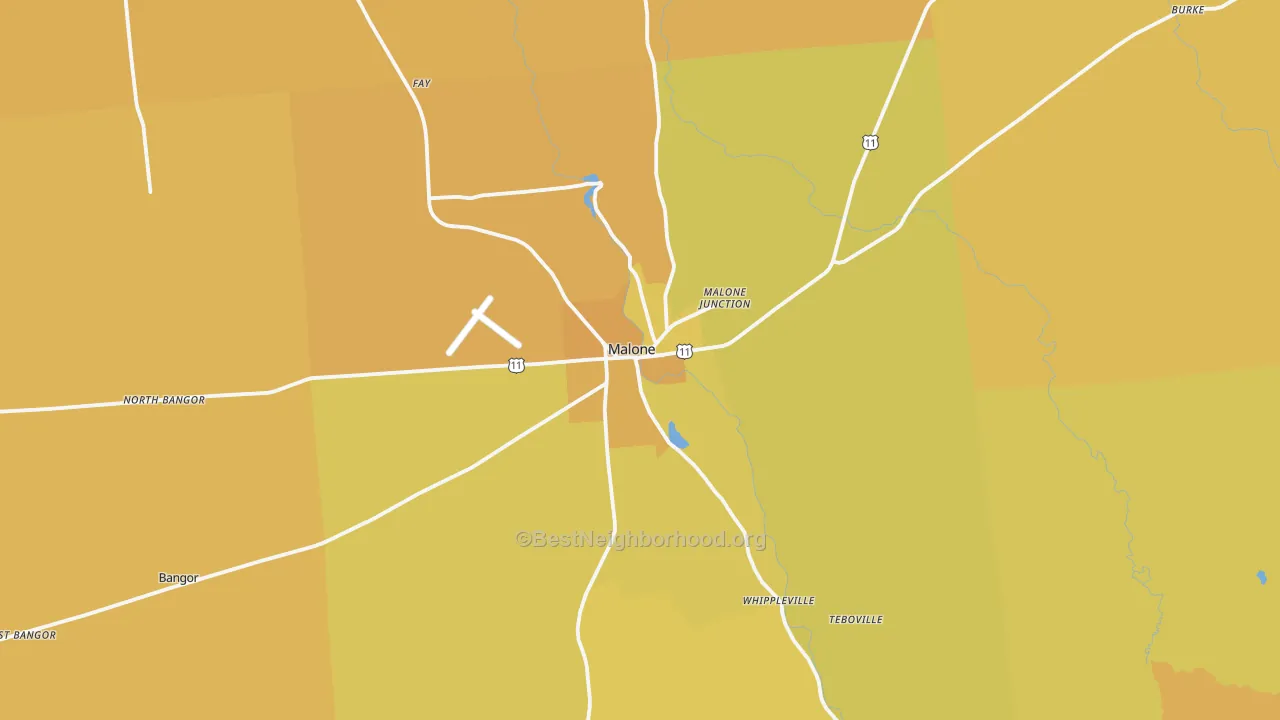 Map of the best neighborhoods in the 12953 area, with better matches in green and worse matches in red