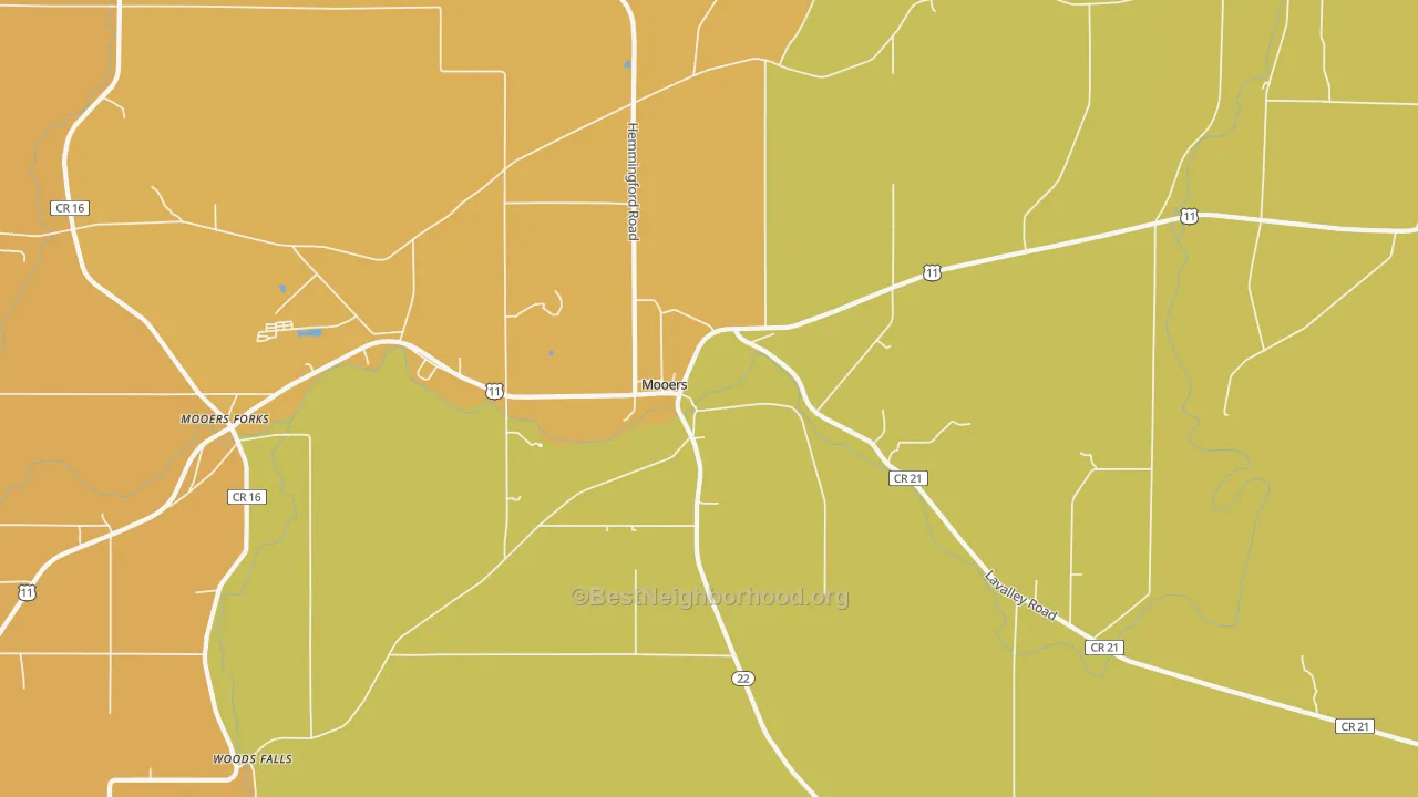 Map of the best neighborhoods in the 12958 area, with better matches in green and worse matches in red
