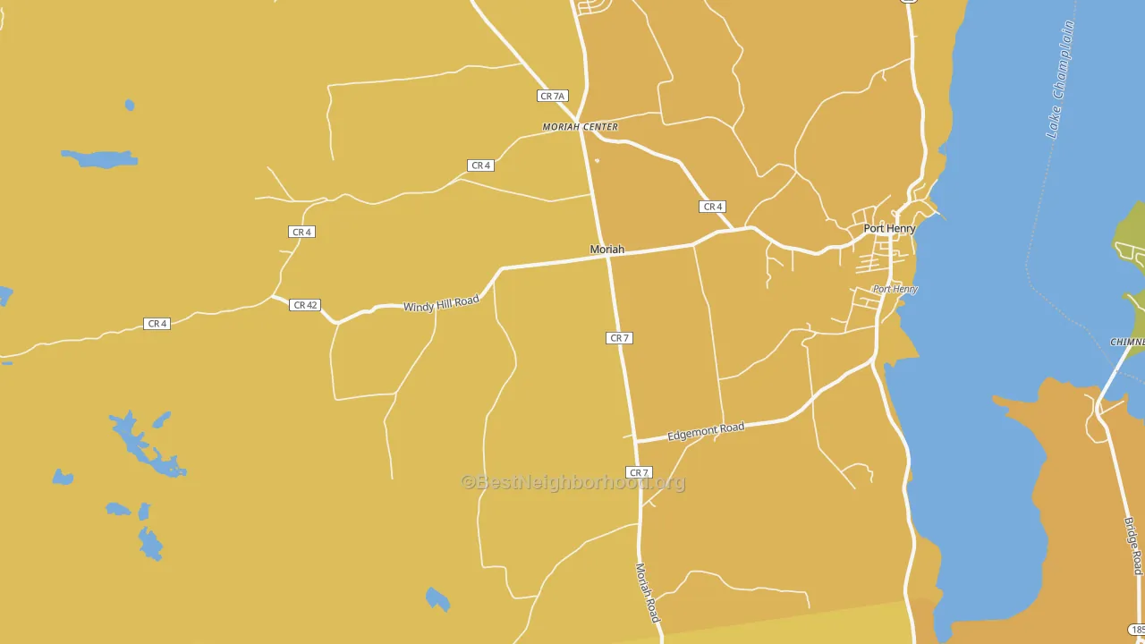 Map of the best neighborhoods in the 12960 area, with better matches in green and worse matches in red