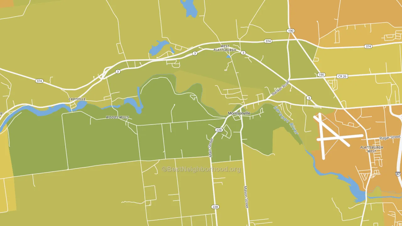 Map of the best neighborhoods in the 12962 area, with better matches in green and worse matches in red