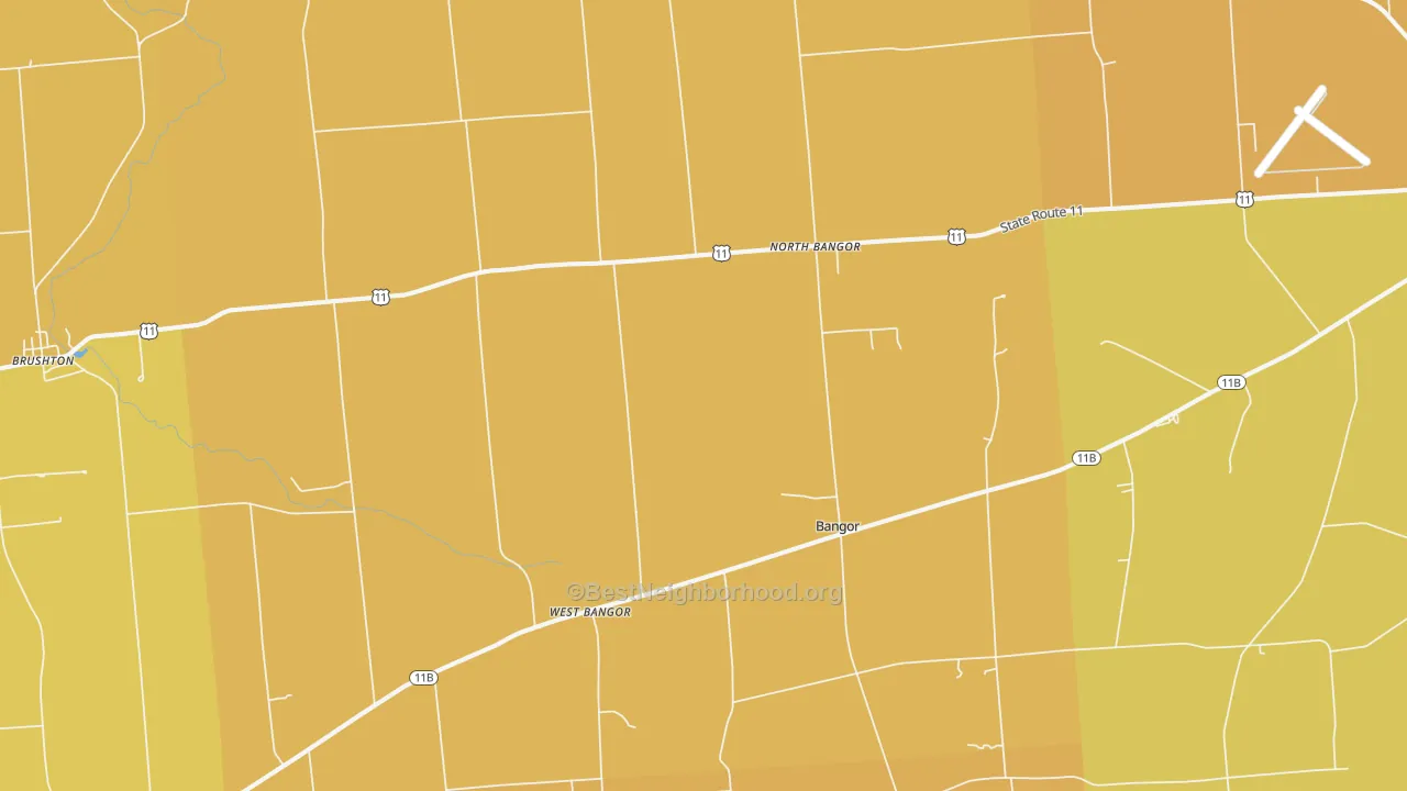 Map of the best neighborhoods in the 12966 area, with better matches in green and worse matches in red