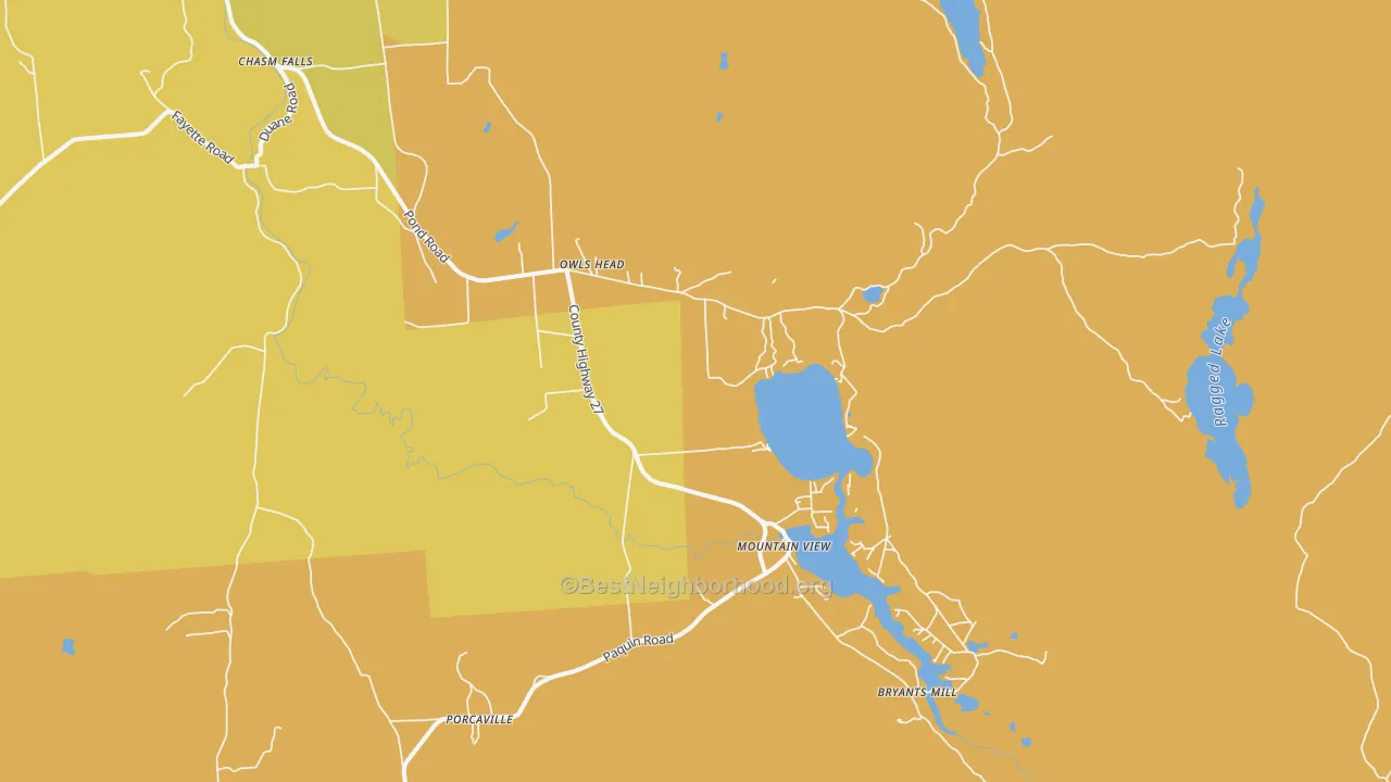 Map of the best neighborhoods in the 12969 area, with better matches in green and worse matches in red