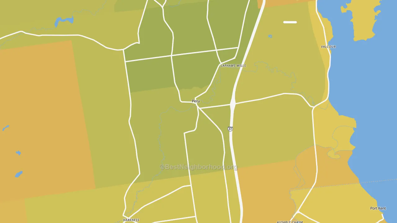 Map of the best neighborhoods in the 12972 area, with better matches in green and worse matches in red