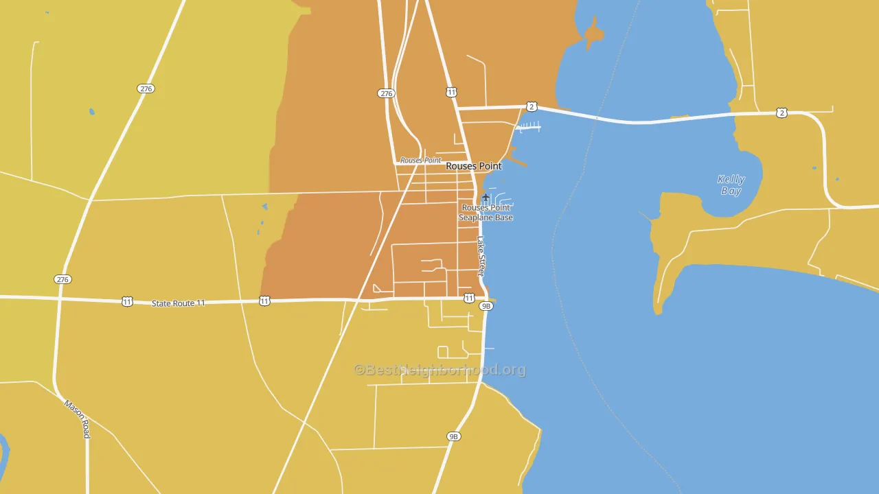 Map of the best neighborhoods in the 12979 area, with better matches in green and worse matches in red