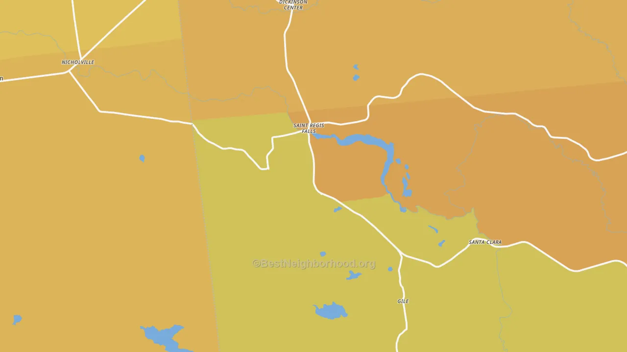 Map of the best neighborhoods in the 12980 area, with better matches in green and worse matches in red