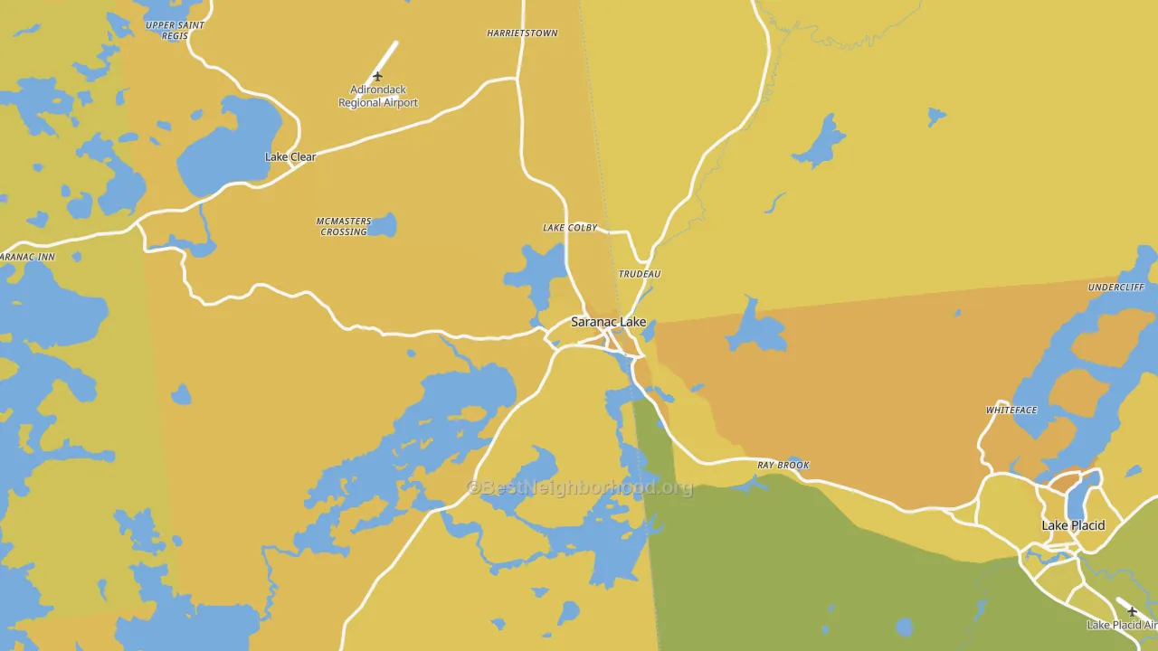 Map of the best neighborhoods in the 12983 area, with better matches in green and worse matches in red
