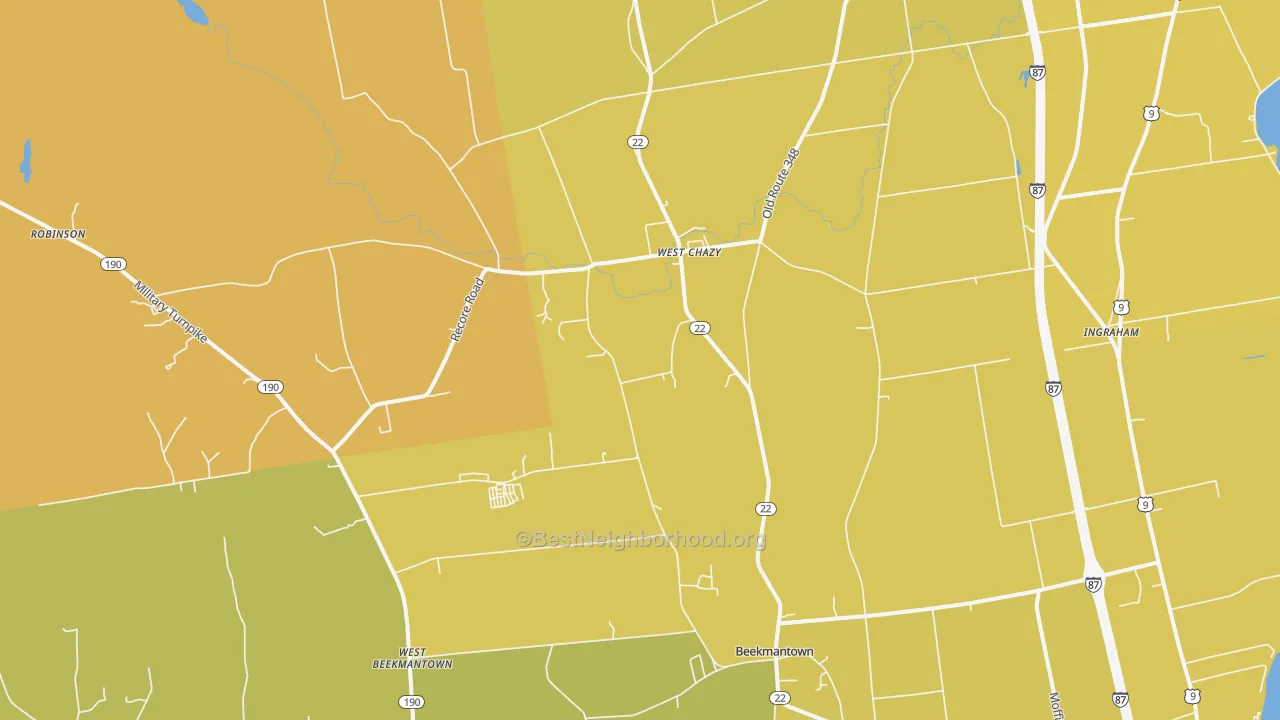 Map of the best neighborhoods in the 12992 area, with better matches in green and worse matches in red