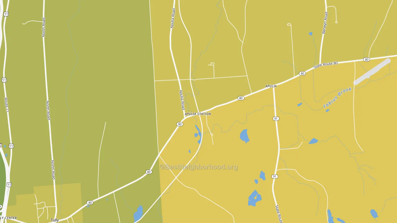 Map of the best neighborhoods in the 13020 area, with better matches in green and worse matches in red