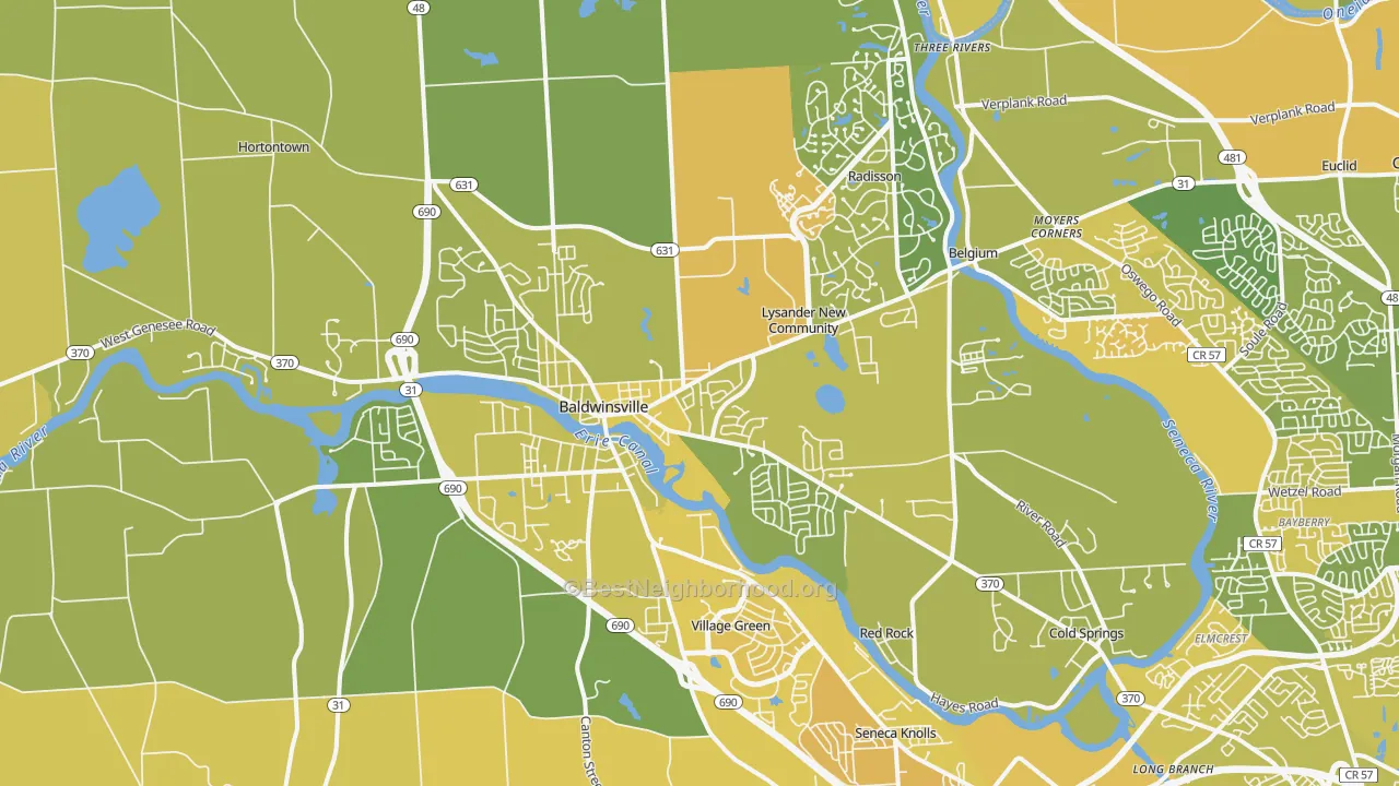 Map of the best neighborhoods in the 13027 area, with better matches in green and worse matches in red
