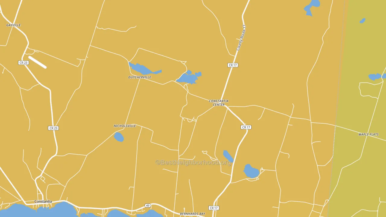 Map of the best neighborhoods in the 13028 area, with better matches in green and worse matches in red