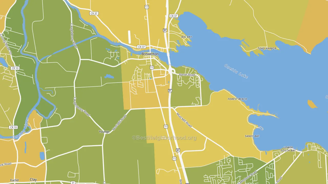 Map of the best neighborhoods in the 13029 area, with better matches in green and worse matches in red