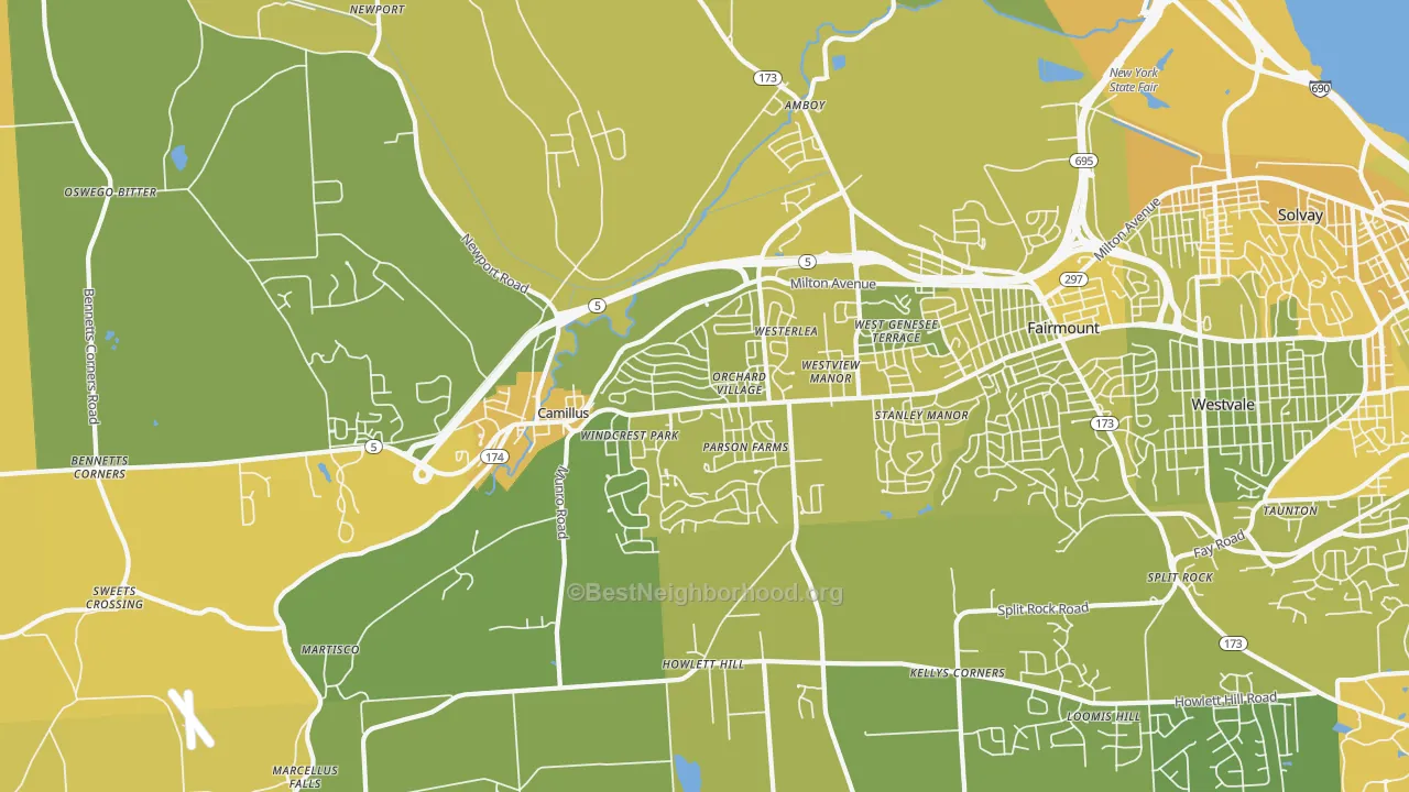 Map of the best neighborhoods in the 13031 area, with better matches in green and worse matches in red