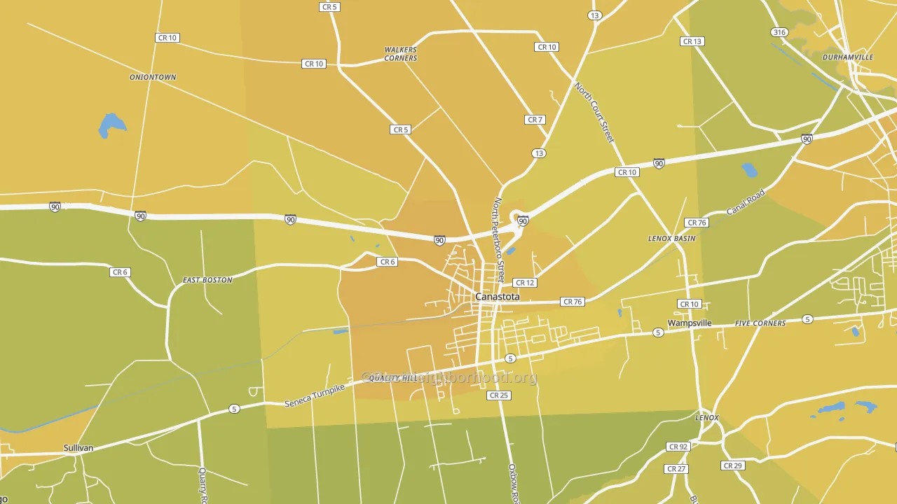 Map of the best neighborhoods in the 13032 area, with better matches in green and worse matches in red