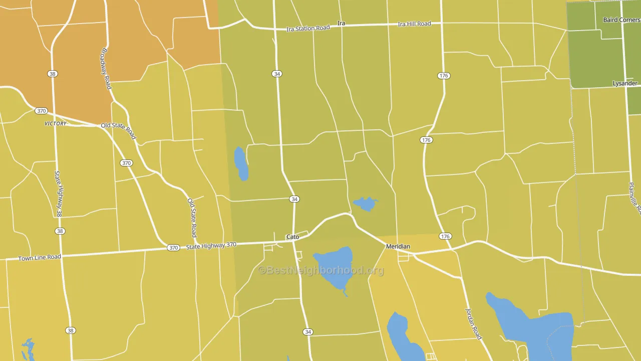 Map of the best neighborhoods in the 13033 area, with better matches in green and worse matches in red